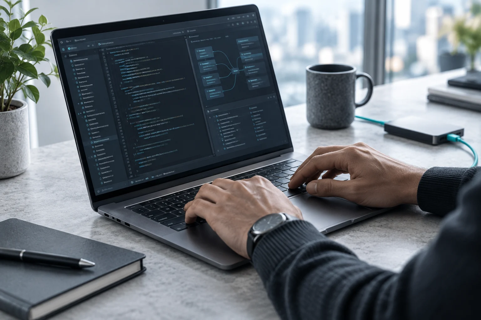 Illustration of technology integration work at a laptop