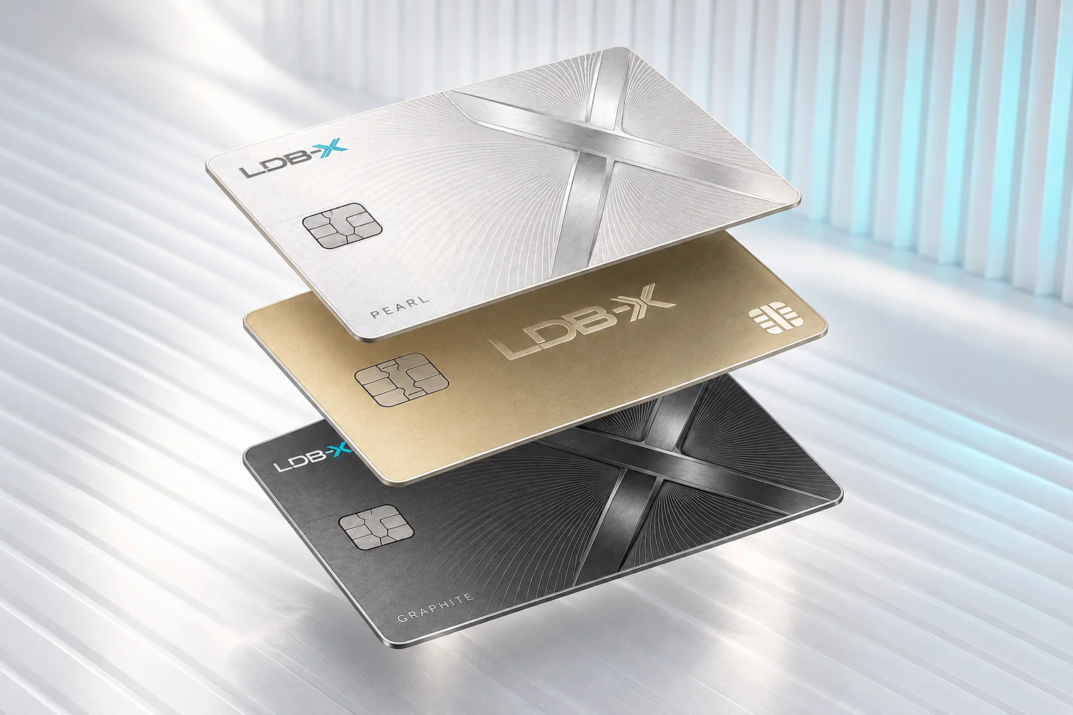 Three LDB-X cards in pearl, original gold and graphite arranged in a floating layered stack