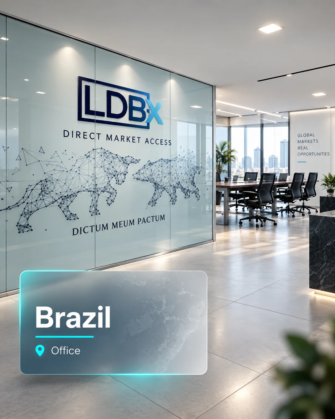 LDB-X Brazil office illustration showing a glass-fronted meeting space