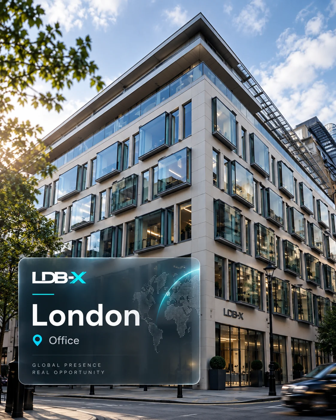 LDB-X London office illustration showing a modern glass-fronted building