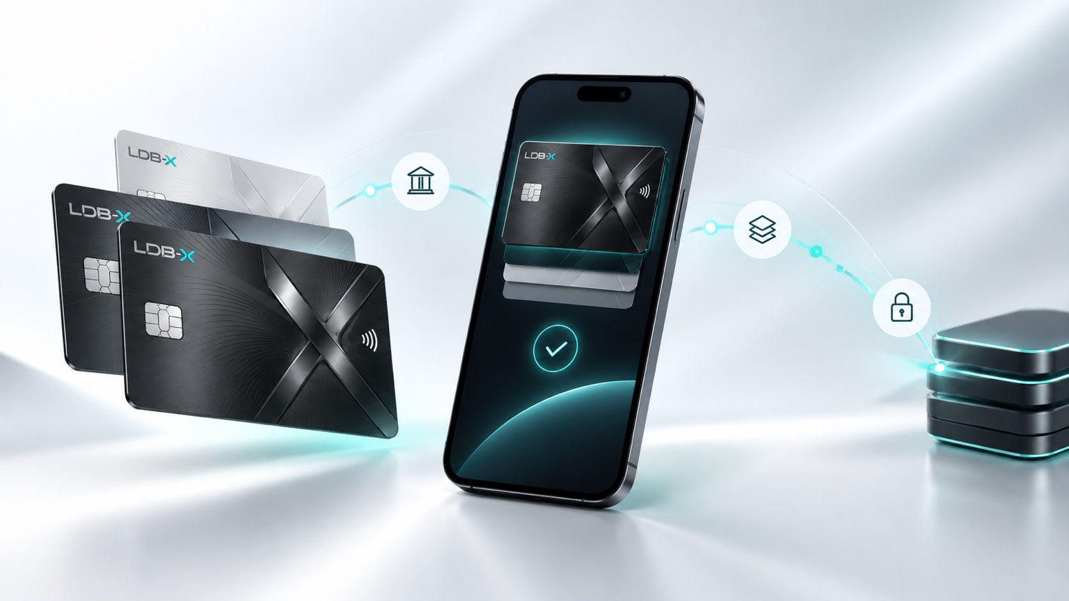 LDB-X card programme visual with card design concepts and a mobile wallet