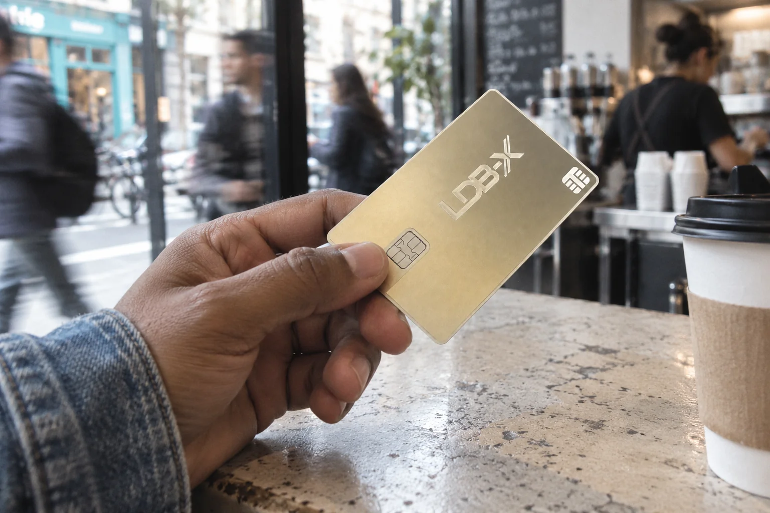 A hand holding the actual LDB-X gold card at a busy neighbourhood café counter