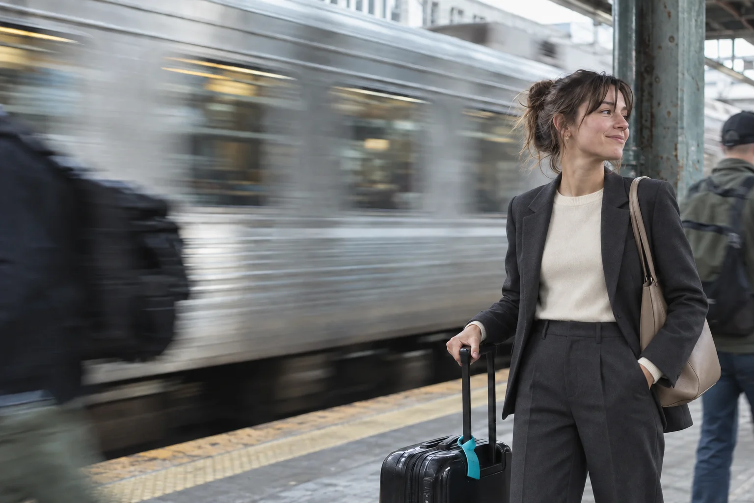 A traveller waiting on a platform as a train blurs past behind her