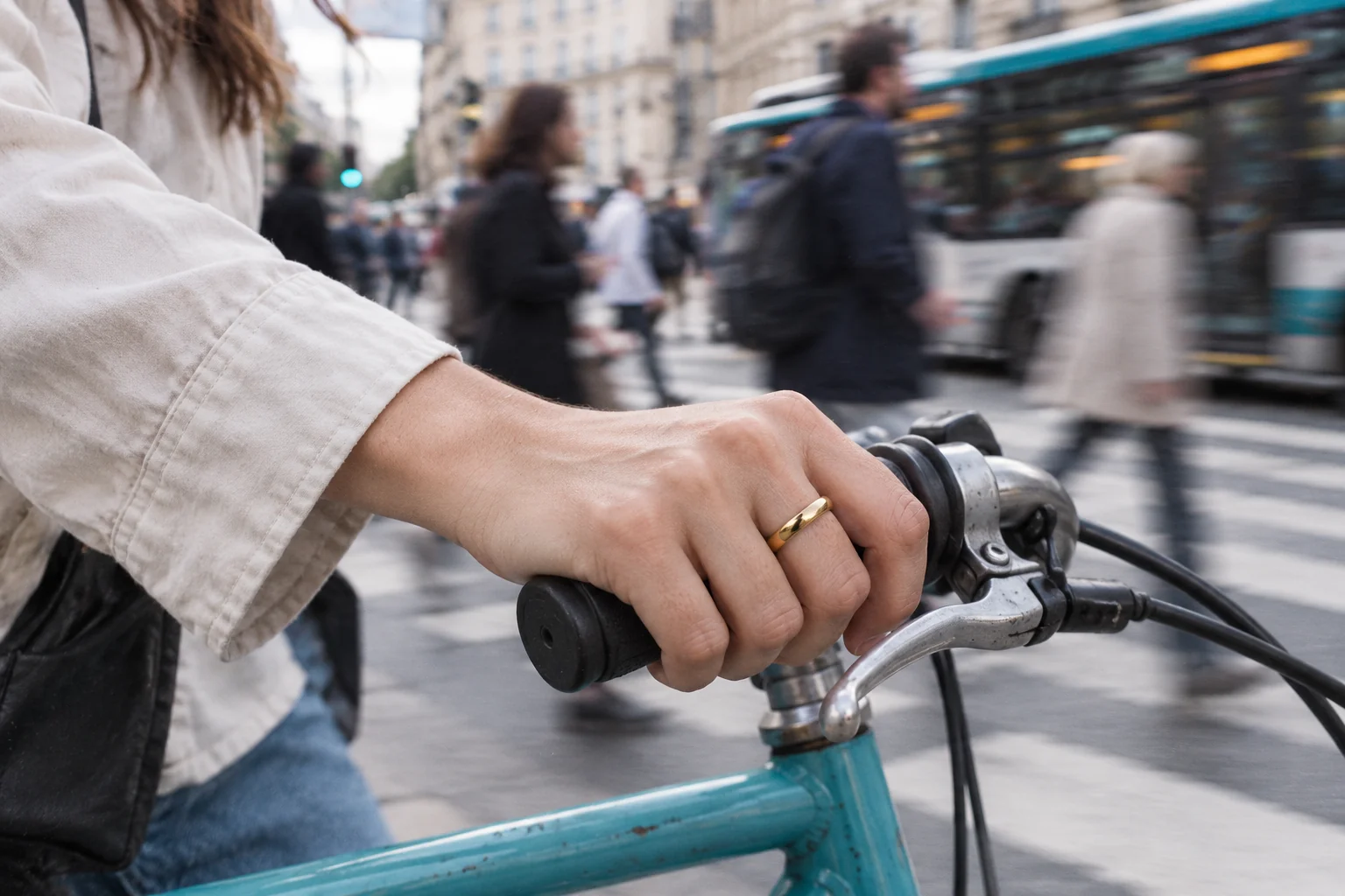 A commuter wearing a slim gold ring while resting a hand on bicycle handlebars
